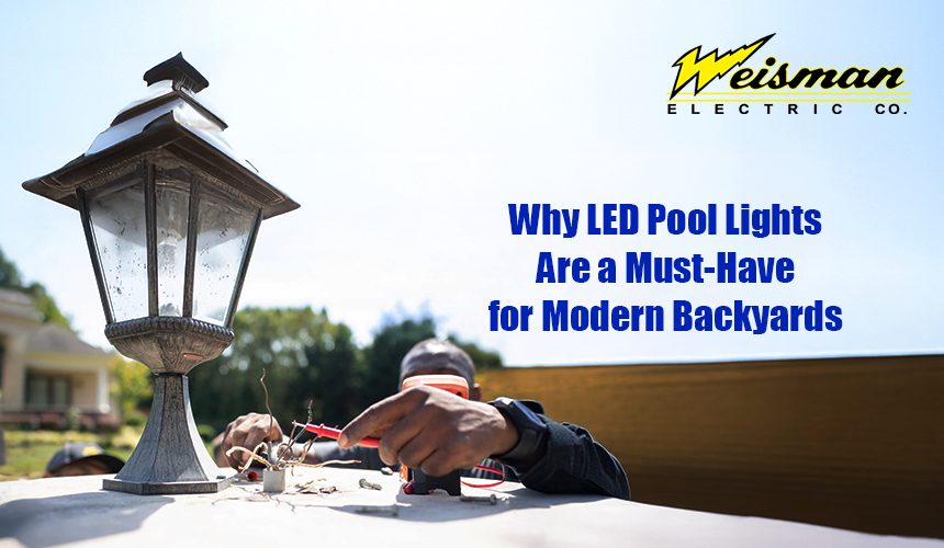 LED pool lights glowing in a modern backyard swimming pool setup