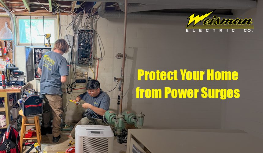 Electrician installing a surge protector on a residential electrical panel