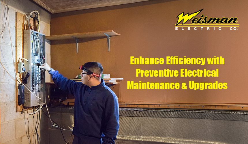 Commercial electrician performing preventive maintenance in a business facility.